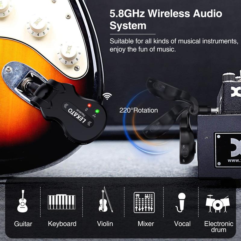 LEKATO WS-50 Wireless Guitar System 5.8G 4 Channels, Rechargeable Wireless Guitar Transmitter Receiver, Audio Wireless Transmitter Receiver, 100m Transmission Range for Electric Guitar Bass, Music Lovers Boys Girls Friends Gift