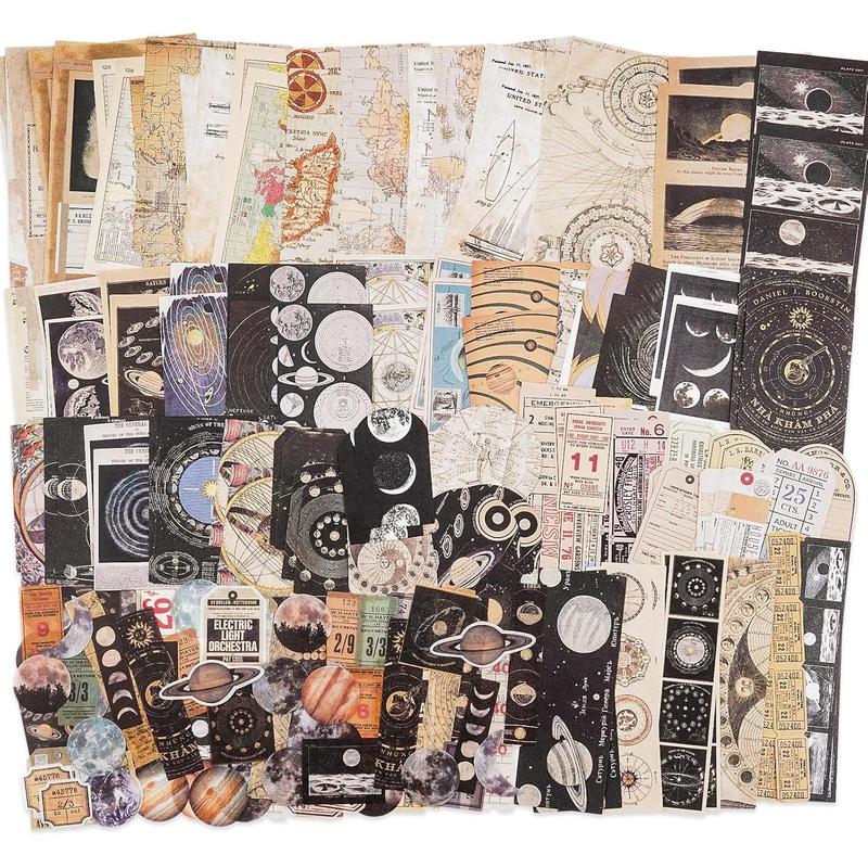 Vintage Scrapbook Supplies Pack for Witchy Junk Journal and Planners - Space Moon Paper Stickers Craft Kits Collage