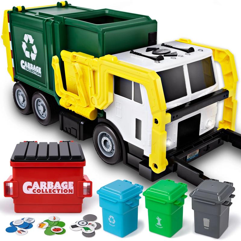 Christmas 2024 Gifts Extra Large Garbage Truck Toy Set With Sound And Light, Includes Dumpster, Trash Bins, and Learning Cards, Gift For Kids