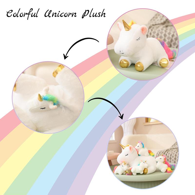 Colorful Unicorn Design Plush Toy, Cute Stuffed Animal Toy with 4pcs Baby Plush Unicorns in Her Tummy, Suitable for Birthday Gift