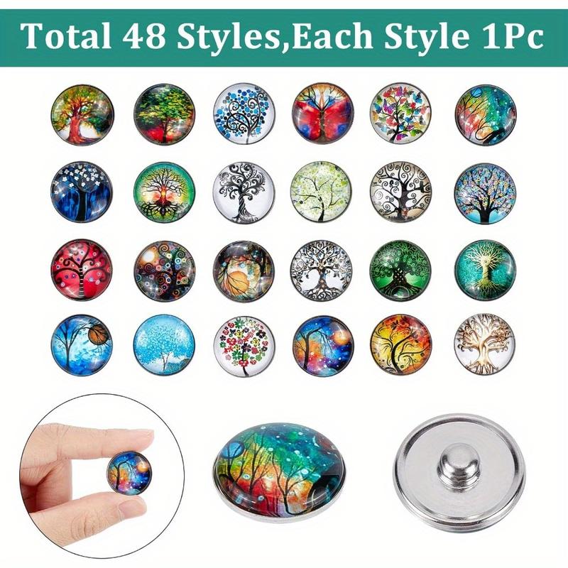 1 Box 48Pcs Snap Jewelry Charms 18mm Glass Snap Buttons Bulk Tree of Life Snap Button Interchangeable Snaps Button for Jewelry Making Lanyard Necklace Bracelet Breakaway Buttons Craft