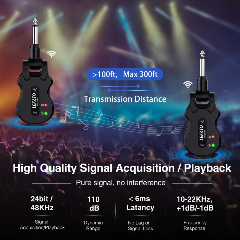 LEKATO WS-50 Wireless Guitar System 5.8G 4 Channels, Rechargeable Wireless Guitar Transmitter Receiver, Audio Wireless Transmitter Receiver, 100m Transmission Range for Electric Guitar Bass, Music Lovers Boys Girls Friends Gift