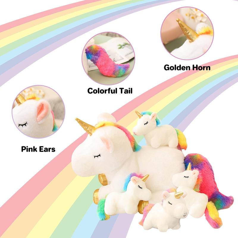 Colorful Unicorn Design Plush Toy, Cute Stuffed Animal Toy with 4pcs Baby Plush Unicorns in Her Tummy, Suitable for Birthday Gift