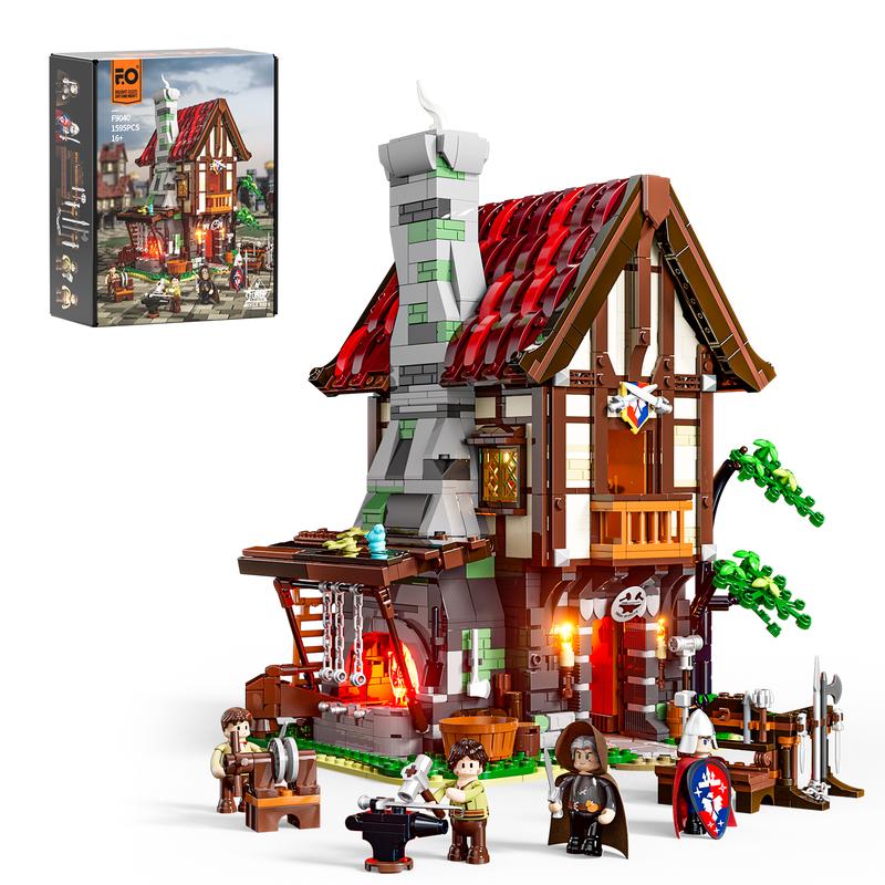 Funwhole Medieval Forge House,1595 Pcs, Lighting Building Bricks Set ,Blacksmith kit Collectible Display LED Light Building, stress-relief Toys ,  Holiday Gift  for Adults and Teens