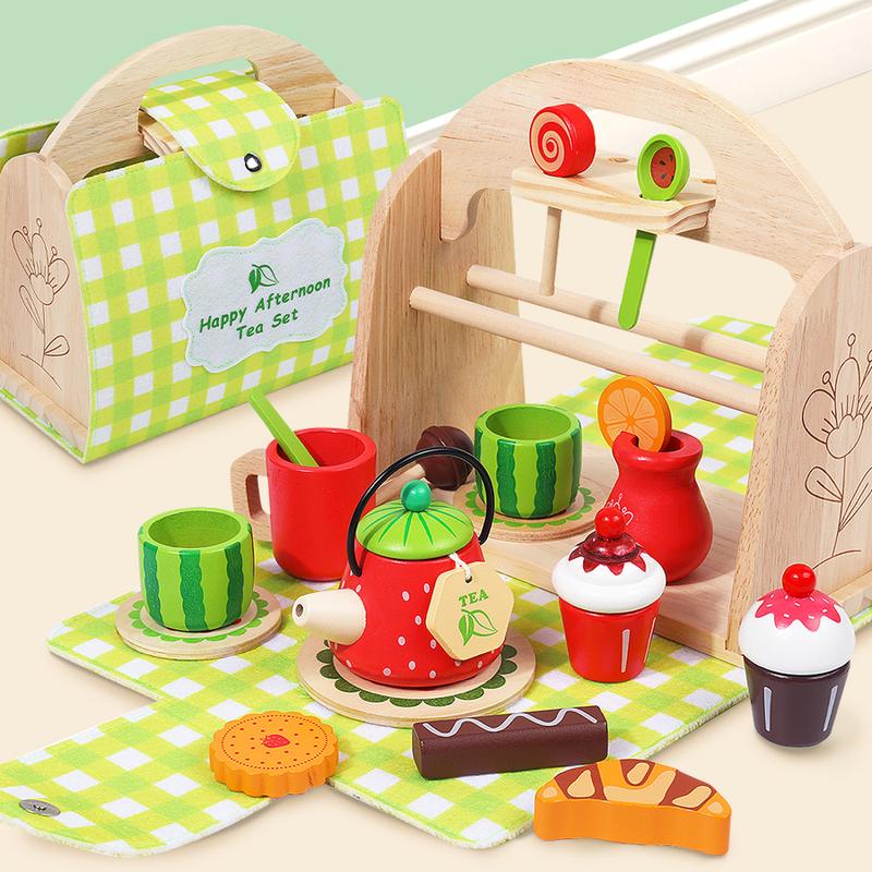 Happy Afternoon Tea Set Toys, Green Wooden Portable Set Bag, Funny Children's Dress Up & Pretend Play Toys, Montessori Educational Toys For Boys Girls, Halloween Christmas Birthday Gifts