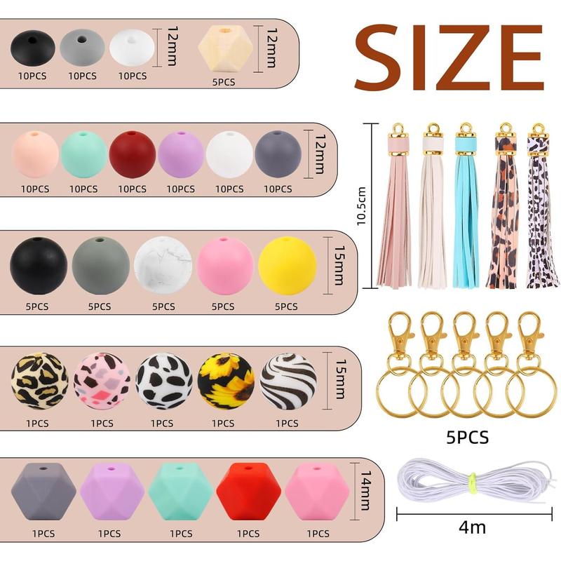 141pcs Silicone Beads Keychain Making Kit Pen Beads Silicone Beads Bulk Keychain Making Kit 15mm Silicone Beads Rubber Beads Keychain Making Supplies for Girls Bracelet Necklace Jewelry