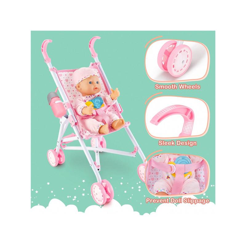 Baby Doll And Stroller Set - Baby Doll With Pacifier Gift Set - Pink Fabric Baby Stroller Toy For Kids - Foldable Play Stroller For Dolls With Canopy - Baby Doll Stroller For Toddlers, Girls,Christmas Toy Gifts