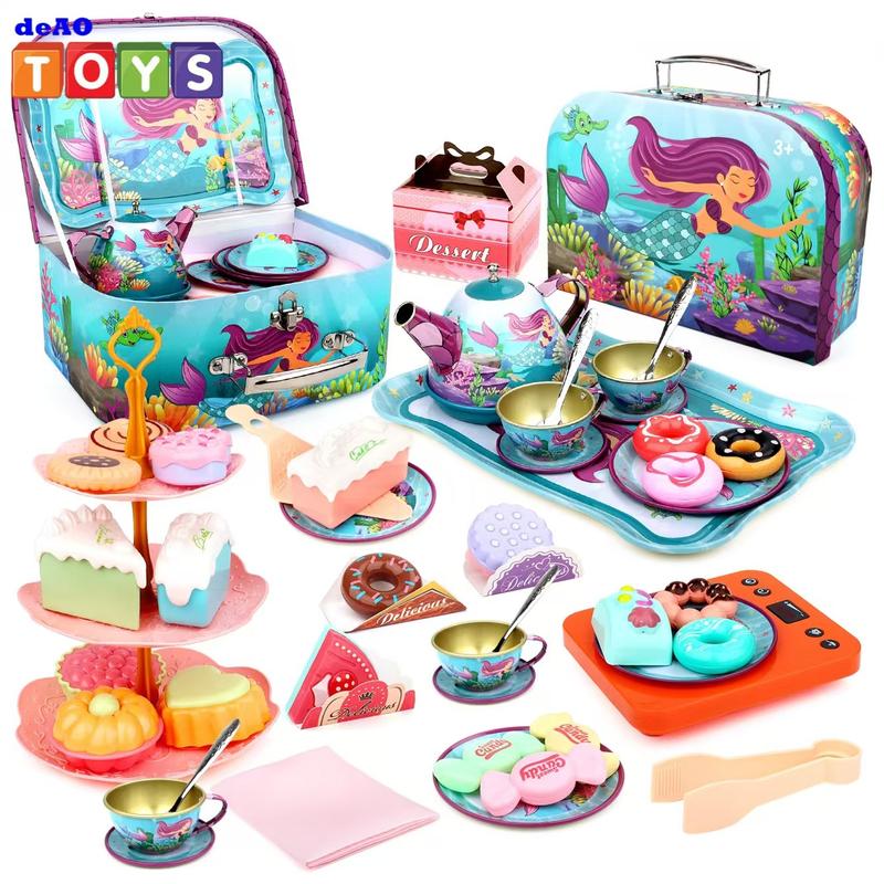 Tea Party Set ,48 PCS Tea Time Mermaid Theme Tin Tea Set,Including Teapot,Cups, Dessert,Cookies And Carrying Case, Kitchen Pretend Play Toys Gifts