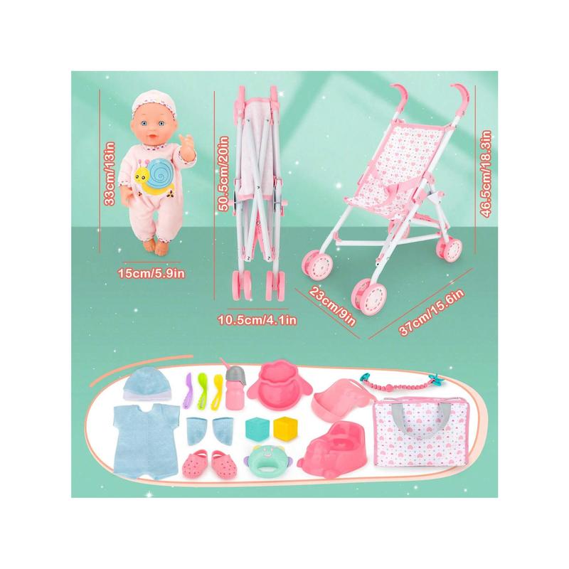 Baby Doll And Stroller Set - Baby Doll With Pacifier Gift Set - Pink Fabric Baby Stroller Toy For Kids - Foldable Play Stroller For Dolls With Canopy - Baby Doll Stroller For Toddlers, Girls,Christmas Toy Gifts