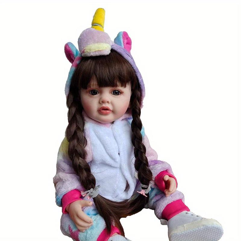 22 Inch Cute Reborn Teenager Girl Doll, Lifelike Dress Up Toy with Long Brown Hair, Soft Silicone Birthday Gift