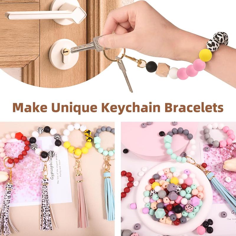 141pcs Silicone Beads Keychain Making Kit Pen Beads Silicone Beads Bulk Keychain Making Kit 15mm Silicone Beads Rubber Beads Keychain Making Supplies for Girls Bracelet Necklace Jewelry