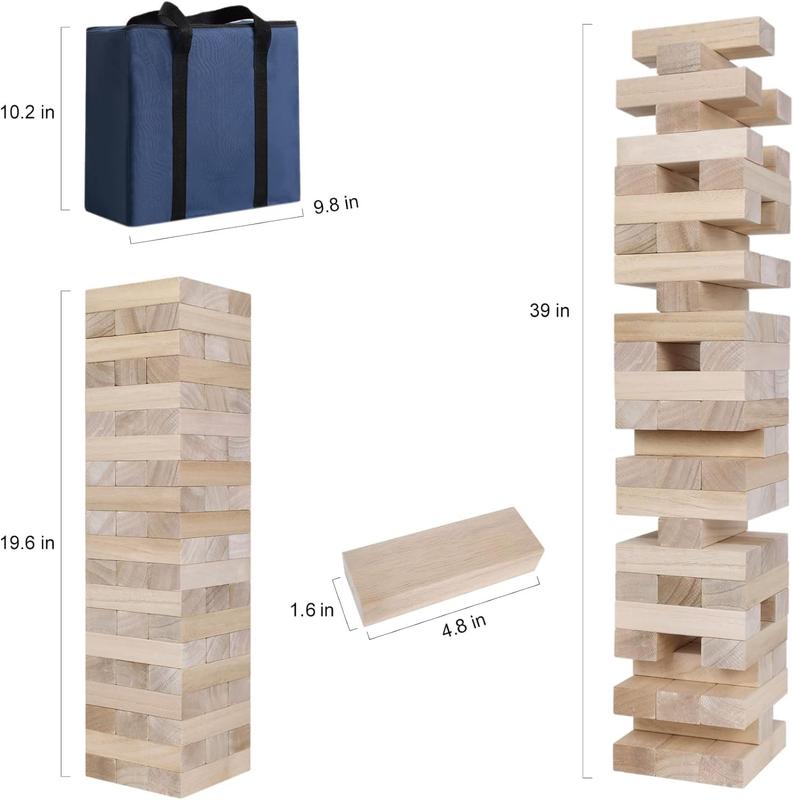 Giant Tumble Tower Game, Large Tumbling Tower Stack to Over 3.2 FT 60 count Wooden Jumbo Blocks for Outside Yard Games with Carry Case Timber Stacking Game Night Toy Gift for Kids Adults Family