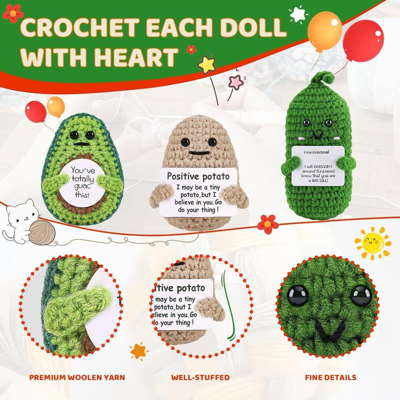 Gifts for Women Men Positive Potato Pickle: 3 count Funny Crochet Dolls Christmas Stocking Stuffers Friends Coworkers Roommates College Students Sister with Cheer Up Cards (Potato,Pickle,Avocado)