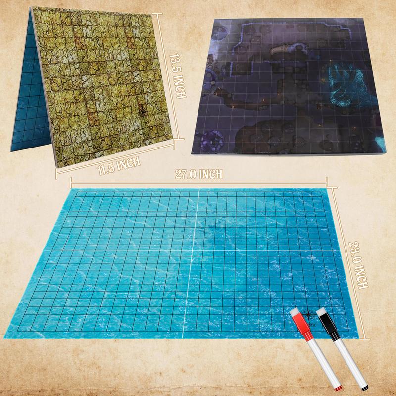 DND Foldable Mat Dry Erase TTRPG Map Grassland & Desert Two-Sided Cardboard Terrain 27x23 Inches with Square Grid - Portable, Reusable Game Board for D&D, Pathfinder and Tabletop RPGs