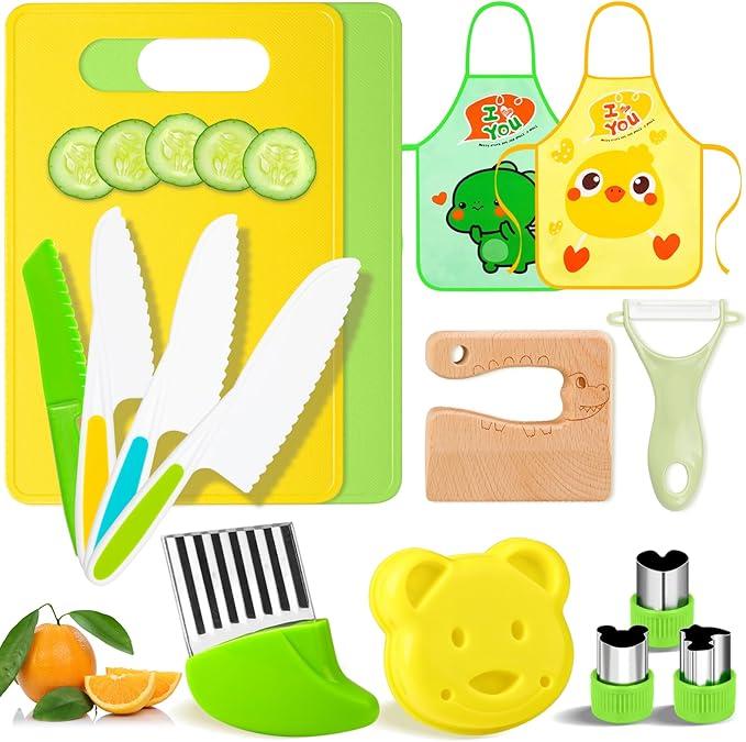 15pcs Montessori kitchen tools allow young chefs to be creative, non-toxic and safe materials made of real kitchen essential accessories, such as aprons, knives, cutting boards and various food models montessori kid Child's Safe Culinary Cooking Set