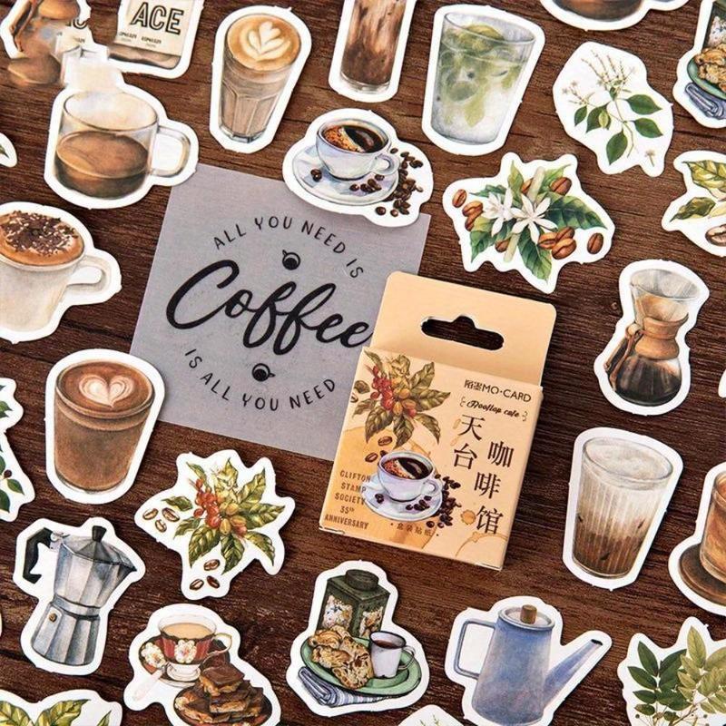 Vintage Coffee Themed Sticker, 46pcs set Coffee Time Sticker, Decorative Sticker for Scrapbook & Journal & Album