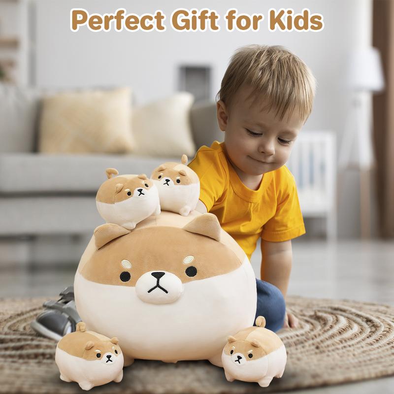 Stuffed Animal Shiba Inu Plush Toy with 4 Baby , Soft Anime Kawaii Animal Pillow,Stuffed Cotton Plush Animal Toy Gift for Kids