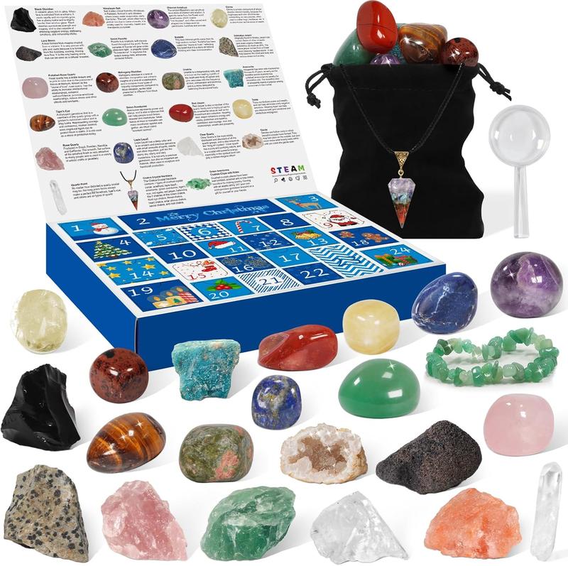 Crystal Advent Calendar 2024 Rock Minerals & Fossils Collection 24 Day Christmas Countdown Calendars for Kids Adult