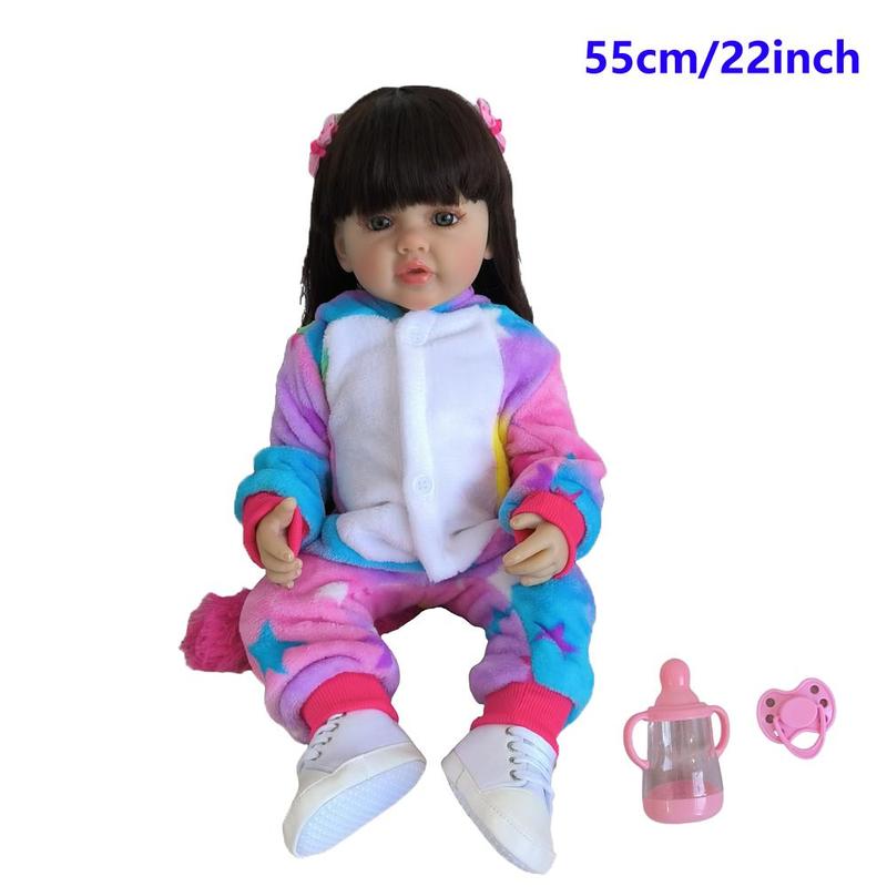 22 Inch Cute Reborn Teenager Girl Doll, Lifelike Dress Up Toy with Long Brown Hair, Soft Silicone Birthday Gift