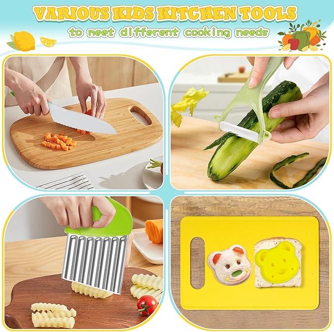 15pcs Montessori kitchen tools allow young chefs to be creative, non-toxic and safe materials made of real kitchen essential accessories, such as aprons, knives, cutting boards and various food models montessori kid Child's Safe Culinary Cooking Set