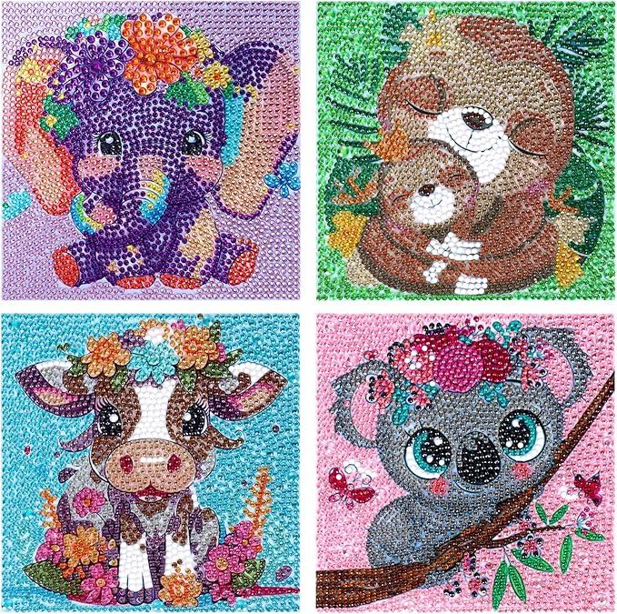 Cute Animal Diamond Painting Art Kits for Kids Age 4-10 Arts and Crafts for Girls gift,Four different animals Turtle Panda Cow Owl