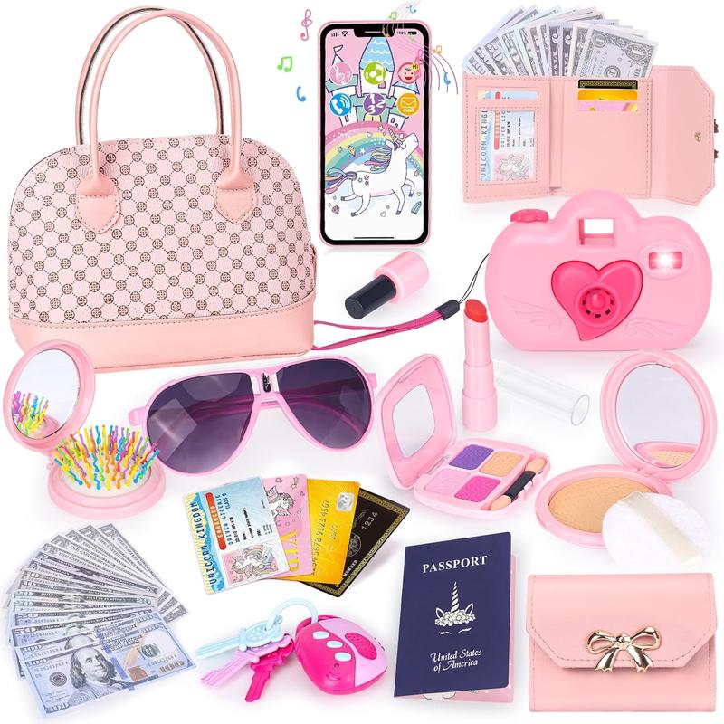 32PCS Princess Play Purse Set for Girls with Pretend Makeup, Toy Phone, Silk Scarf & More - Kids Christmas Gift for Little Girls