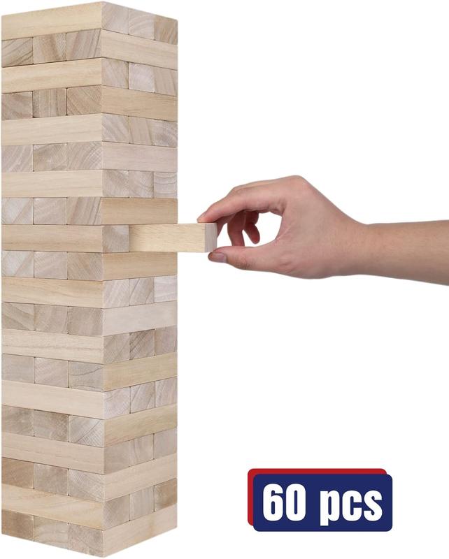 Giant Tumble Tower Game, Large Tumbling Tower Stack to Over 3.2 FT 60 count Wooden Jumbo Blocks for Outside Yard Games with Carry Case Timber Stacking Game Night Toy Gift for Kids Adults Family