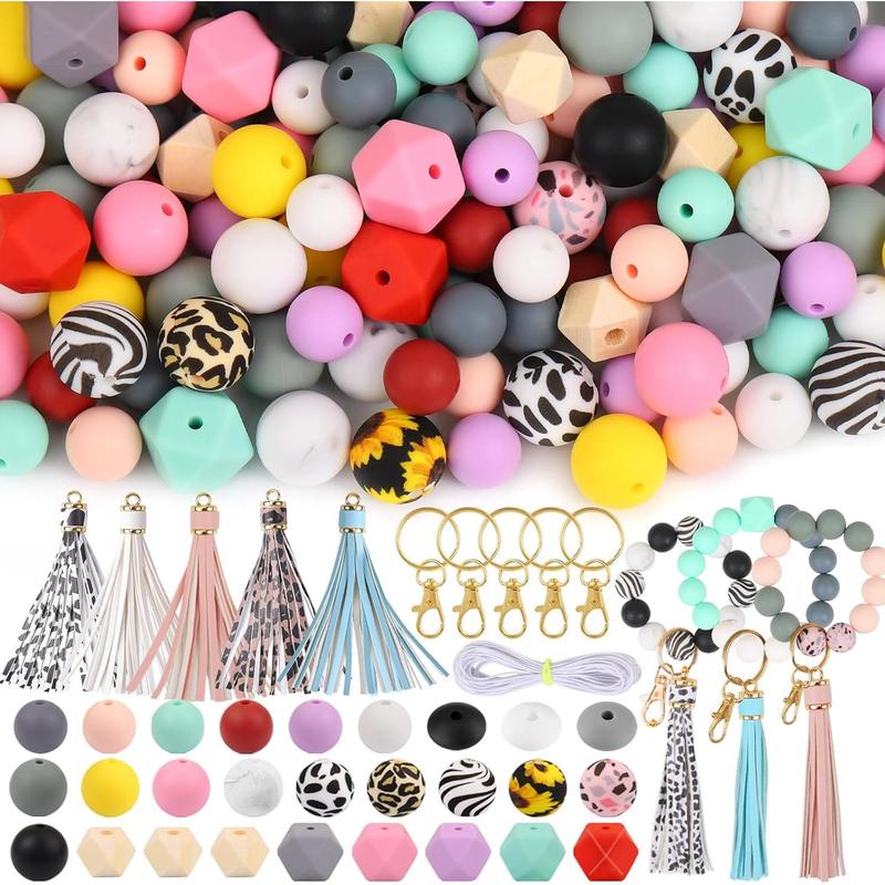 141pcs Silicone Beads Keychain Making Kit Pen Beads Silicone Beads Bulk Keychain Making Kit 15mm Silicone Beads Rubber Beads Keychain Making Supplies for Girls Bracelet Necklace Jewelry