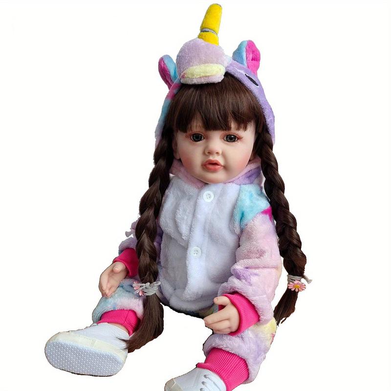 22 Inch Cute Reborn Teenager Girl Doll, Lifelike Dress Up Toy with Long Brown Hair, Soft Silicone Birthday Gift