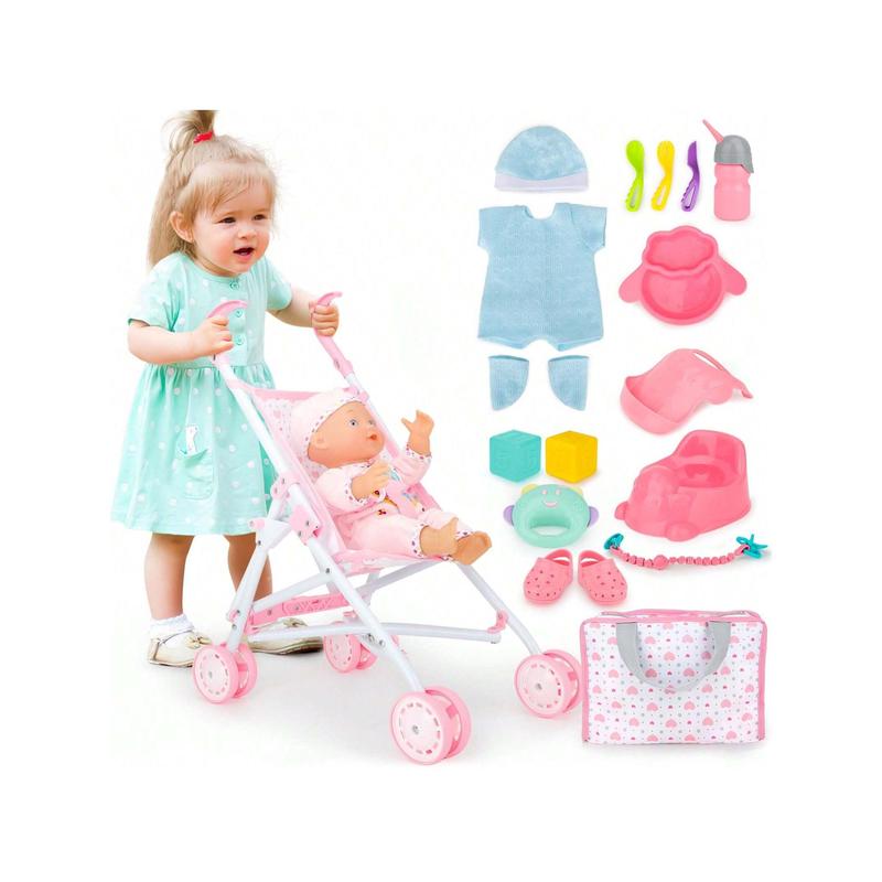 Baby Doll And Stroller Set - Baby Doll With Pacifier Gift Set - Pink Fabric Baby Stroller Toy For Kids - Foldable Play Stroller For Dolls With Canopy - Baby Doll Stroller For Toddlers, Girls,Christmas Toy Gifts