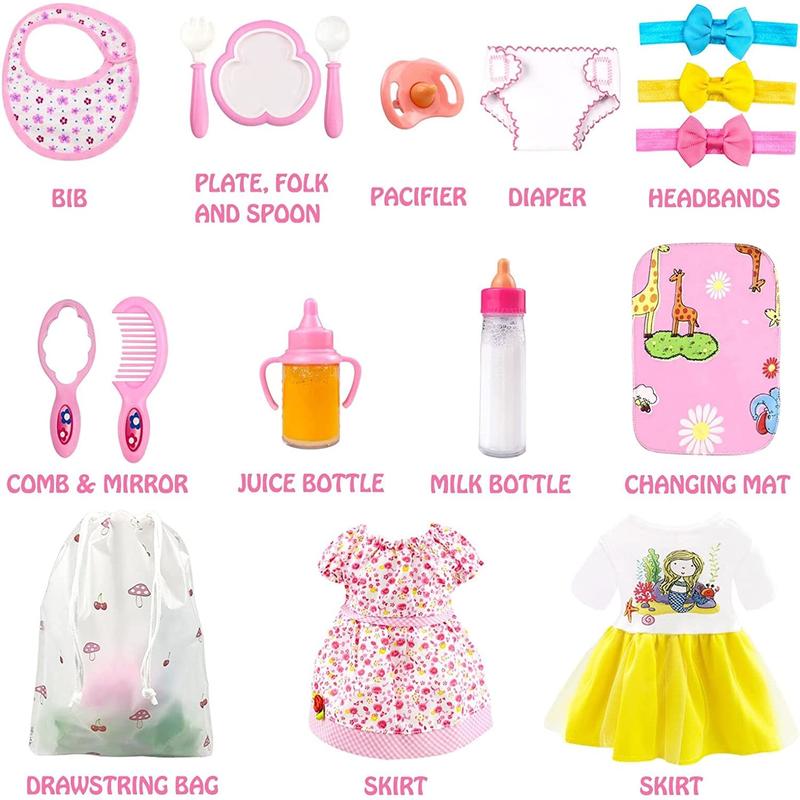 Doll Accessories Doll Feeding and Caring Set includes  Doll Diapers, Magic Bottle, Changing Mat for Girl Kid, Pretend Play Set for Birthday Gift Christmas