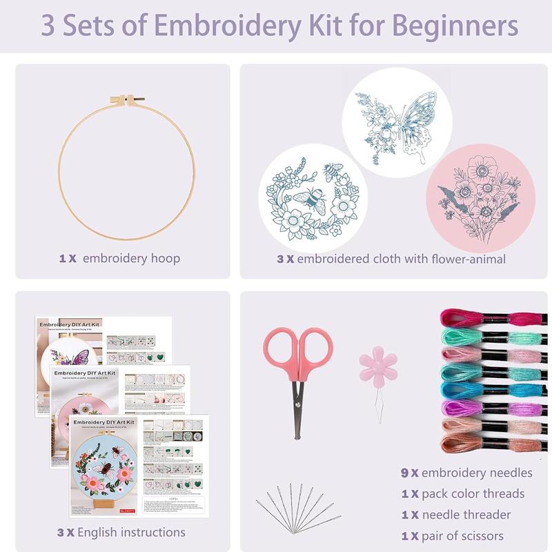 3 count Embroidery Kit for Beginners - Embroidery Patterns, Embroidery Accessories & Hoop Included, Hand Embroidery Kit for Adults Stitching Sewing Kit Gift | AnimalB Patterns