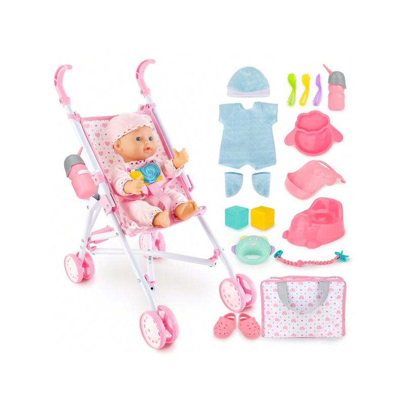 Baby Doll And Stroller Set - Baby Doll With Pacifier Gift Set - Pink Fabric Baby Stroller Toy For Kids - Foldable Play Stroller For Dolls With Canopy - Baby Doll Stroller For Toddlers, Girls,Christmas Toy Gifts