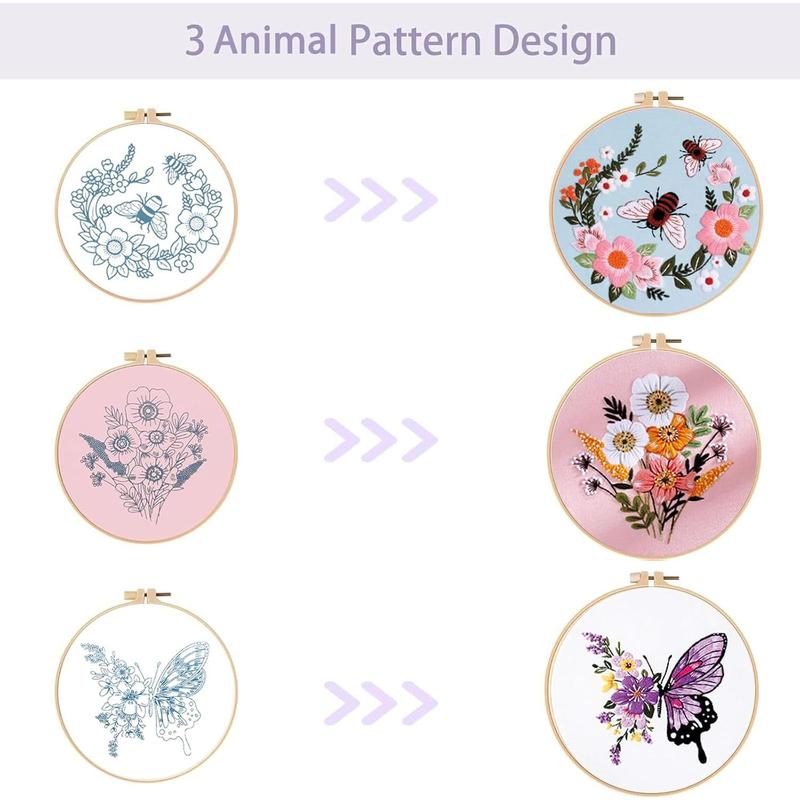 3 count Embroidery Kit for Beginners - Embroidery Patterns, Embroidery Accessories & Hoop Included, Hand Embroidery Kit for Adults Stitching Sewing Kit Gift | AnimalB Patterns