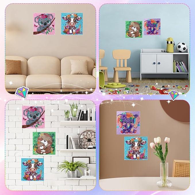 Cute Animal Diamond Painting Art Kits for Kids Age 4-10 Arts and Crafts for Girls gift,Four different animals Turtle Panda Cow Owl