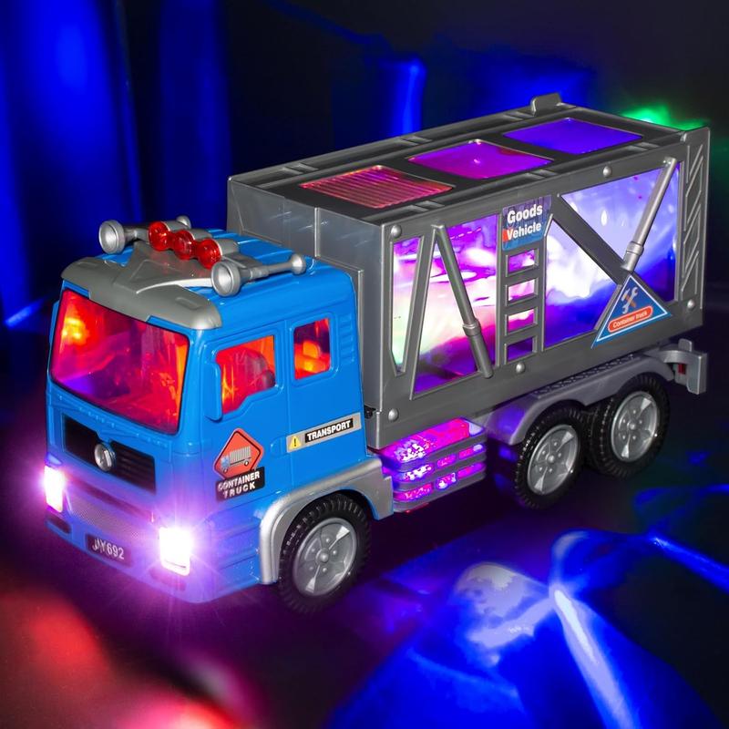 Toy Fire Truck- Garbage Truck- Construction Excavator Toys- Container Truck Toy Cars for Toddlers Boys 1-3 4-7 Birthday Gifts, Truck Car Toys with 4D Lights & Sounds- Automatic Bump Go Container Truck