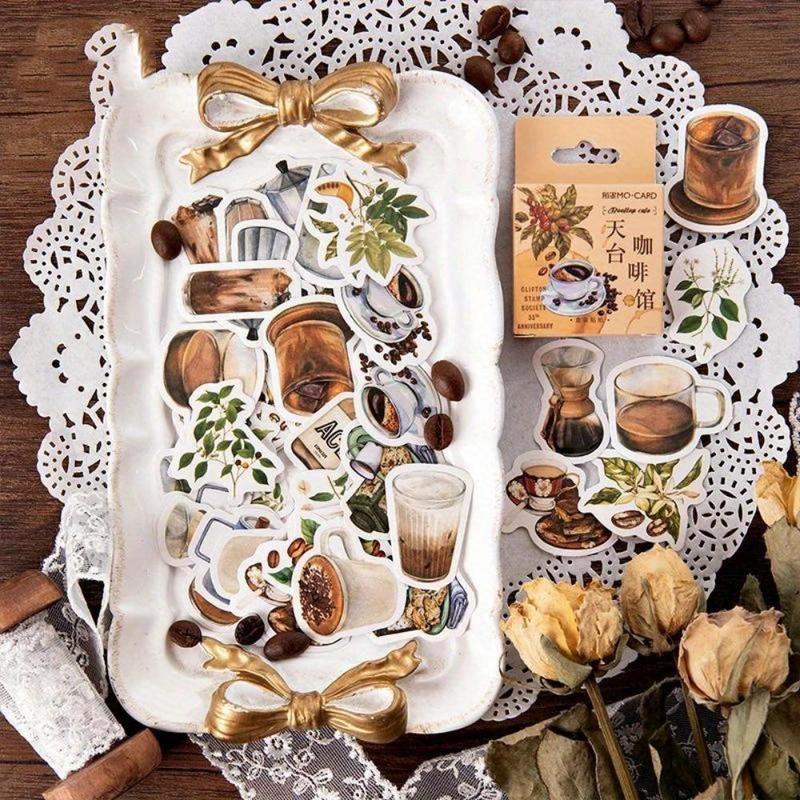 Vintage Coffee Themed Sticker, 46pcs set Coffee Time Sticker, Decorative Sticker for Scrapbook & Journal & Album