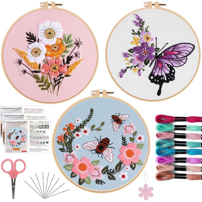 3 count Embroidery Kit for Beginners - Embroidery Patterns, Embroidery Accessories & Hoop Included, Hand Embroidery Kit for Adults Stitching Sewing Kit Gift | AnimalB Patterns