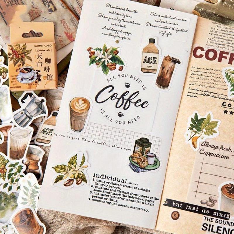 Vintage Coffee Themed Sticker, 46pcs set Coffee Time Sticker, Decorative Sticker for Scrapbook & Journal & Album