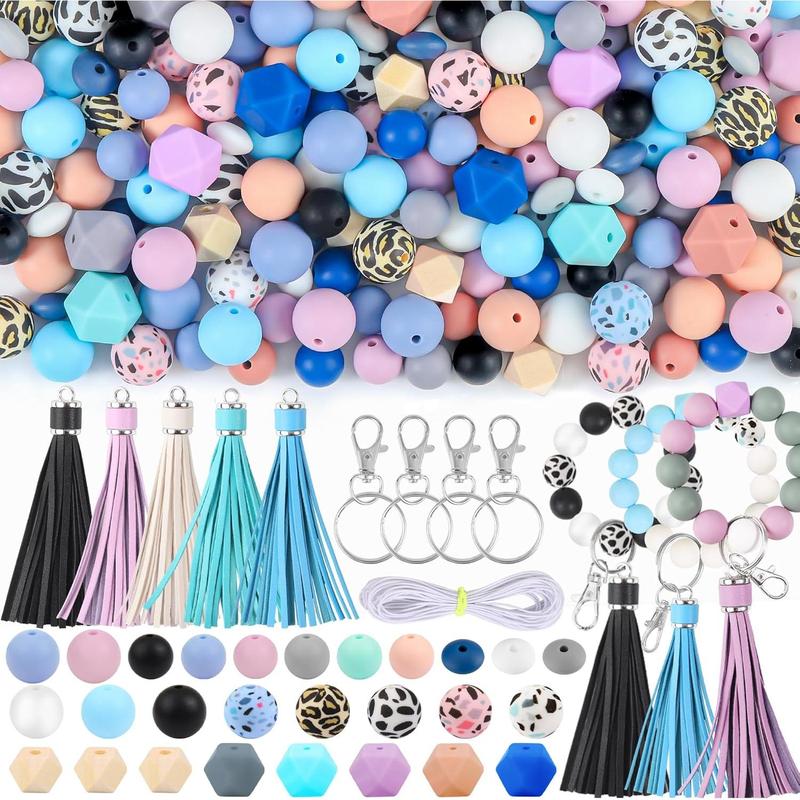 141pcs Silicone Beads Keychain Making Kit Pen Beads Silicone Beads Bulk Keychain Making Kit 15mm Silicone Beads Rubber Beads Keychain Making Supplies for Girls Bracelet Necklace Jewelry