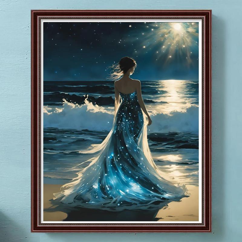 DIY Artificial Rhinestones Arts Painting Kit Without Frame, Seaside Girl Pattern DIY Painting, Handmade Craft Wall Art Decoration