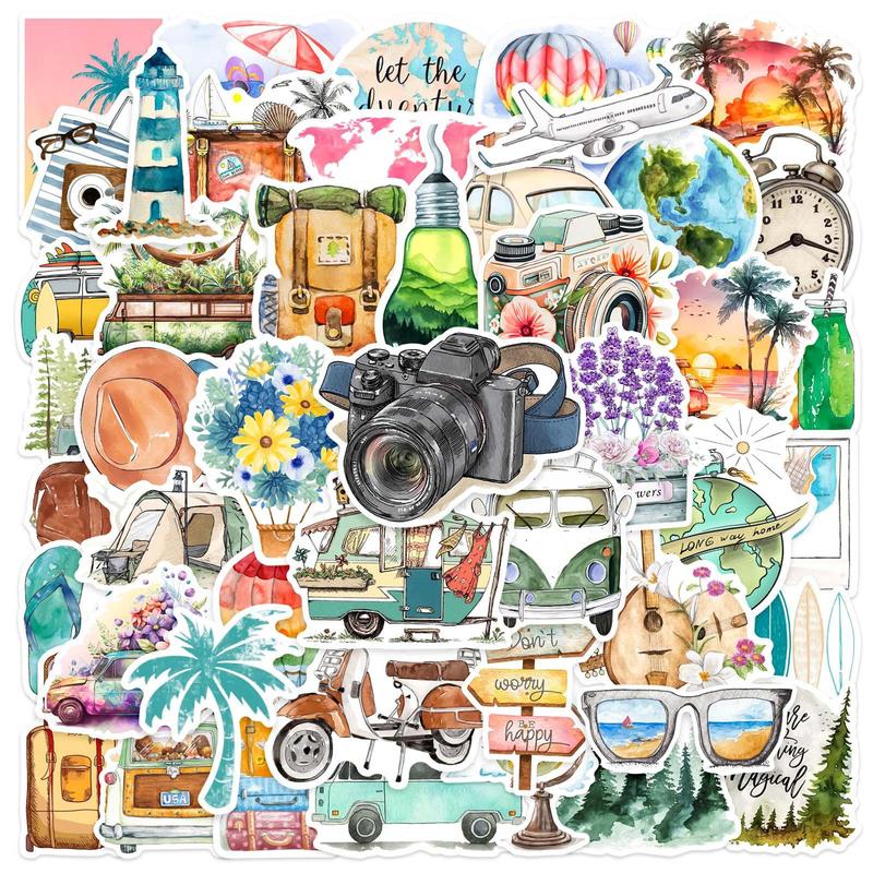 Cartoon Outdoor Travel Pattern Sticker, 50pcs Waterproof Self Adhesive Decor Paper, Creative Sticker for DIY Scrapbooking Laptop Luggage Car Decor