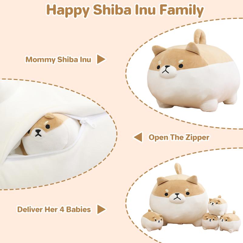 Stuffed Animal Shiba Inu Plush Toy with 4 Baby , Soft Anime Kawaii Animal Pillow,Stuffed Cotton Plush Animal Toy Gift for Kids