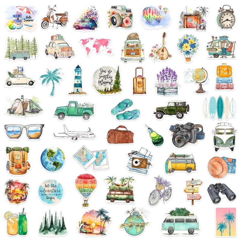 Cartoon Outdoor Travel Pattern Sticker, 50pcs Waterproof Self Adhesive Decor Paper, Creative Sticker for DIY Scrapbooking Laptop Luggage Car Decor