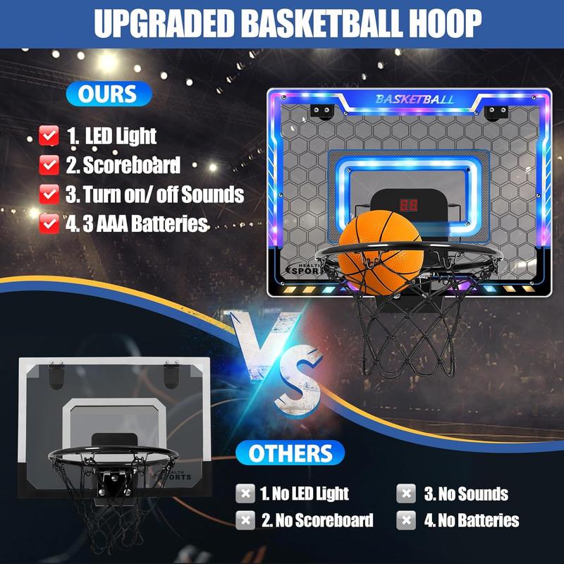 Basketball Hoop Indoor for Kids, Mini Basketball Hoop with 3 Balls,Led Light,Batteries & Electronic S