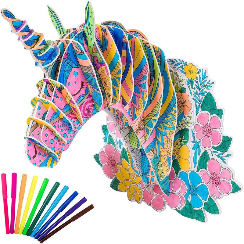 3D coloring puzzle, creative DIY painting puzzle set toy, with 10 colored pens, suitable for 3 4 5 6 7 8 9 10 11 12 year old children's fun craft gift Hornhorse