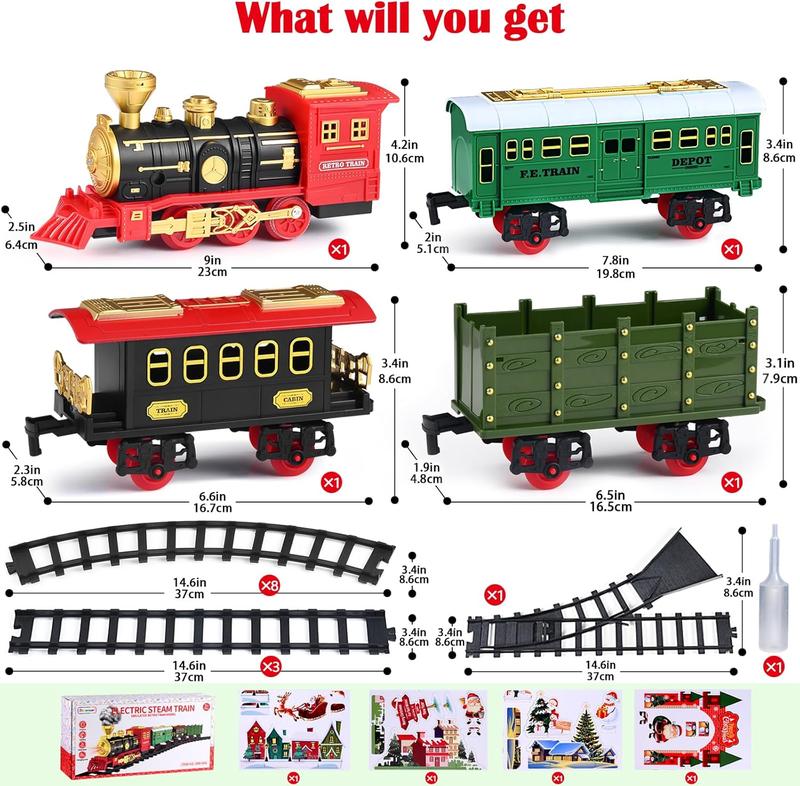 Christmas Train Electric Train Set with Retro Classic Locomotive Engine, Cargo Car and Long Track,Rechargeable Battery Operated Play Train Toys with Smoke, Light&Sounds