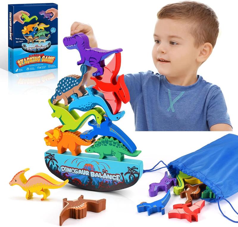 Dinosaur Toys for Kids 3-5: Wooden Stacking Montessori Toys for 3 4 5 6 7 8 Year Old Boys Girls Balance Competition Game for Family Christmas Birthday Gifts for Kids Ages 4-8 (Classic Version)