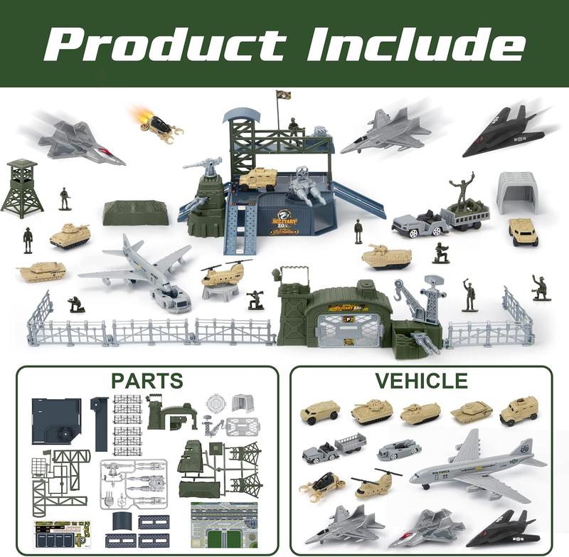 Army Toys, Military Airplane Tank Toy Sets with 13 Vehicles, Trucks, Helicopter, Fighter Jet, Play Mat with Army Men Action Figures and Accessories, Birthday Gift for Boys