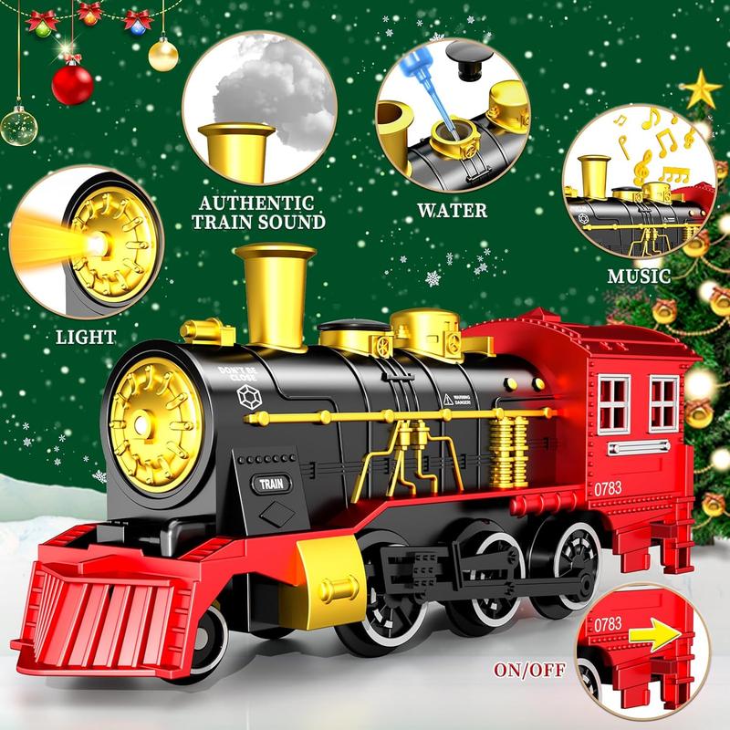 Christmas Train Electric Train Set with Retro Classic Locomotive Engine, Cargo Car and Long Track,Rechargeable Battery Operated Play Train Toys with Smoke, Light&Sounds